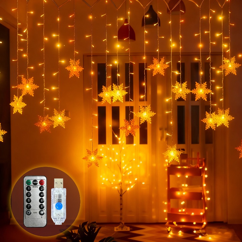 Outdoor Power For Xmas Lights - USB-aangedreven sneeuwvlokgordijnverlichting met afstandsbediening, 8 standen,